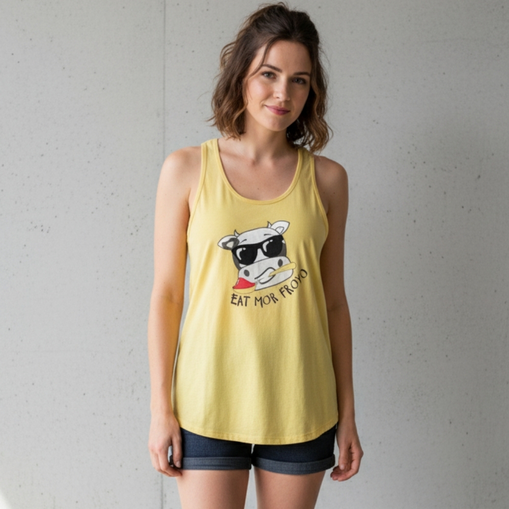 Ideal T by Next Level Juniors Yellow Cow "Eat Mor Froyo" Graphic Tank Top XXL
